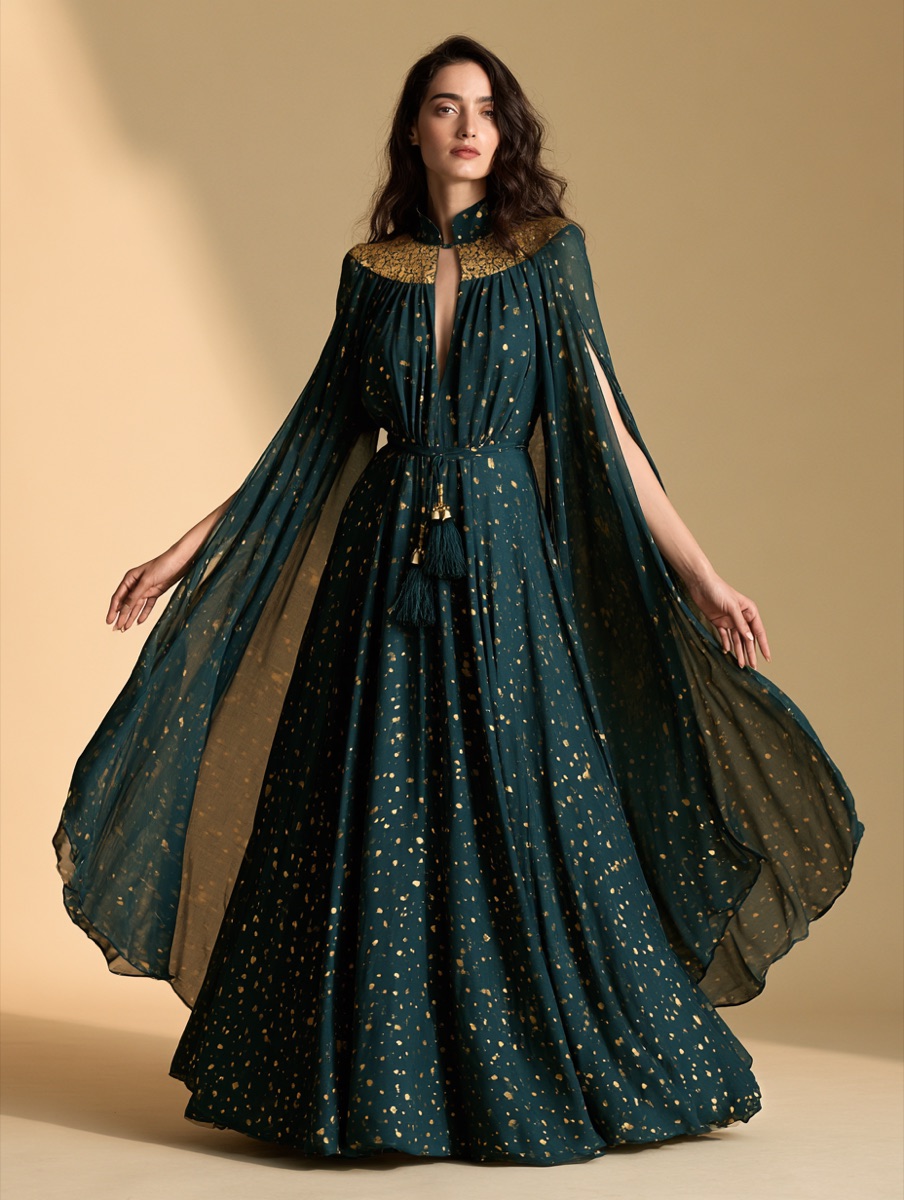 Titli cape-sleeve indo-western maxi, deep teal with gold buti