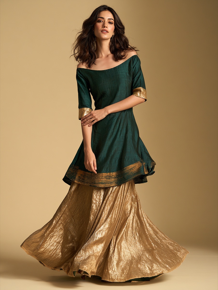 Gulmohar deep green kurti with gold shimmer skirt