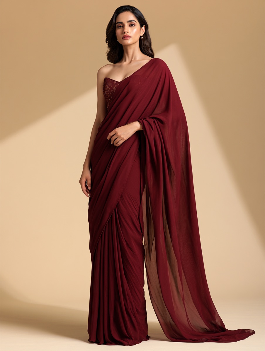 Nayaab wine pre-draped saree with corset blouse