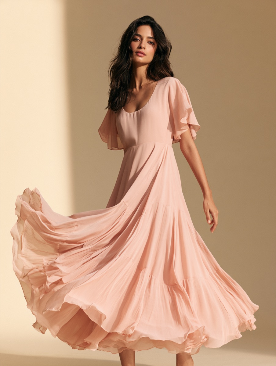 Zephyr blush drop-waist flutter midi dress