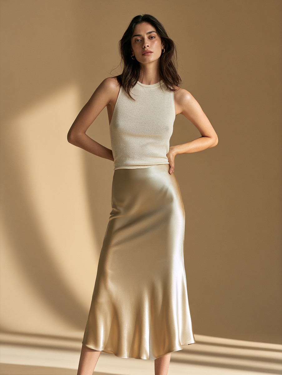 LiquidLine champagne satin bias midi skirt