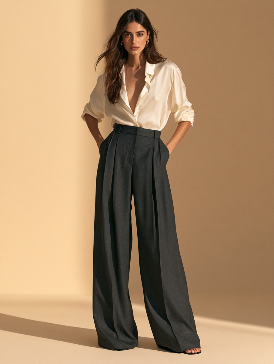 NineToNine charcoal pintuck wide-leg trousers